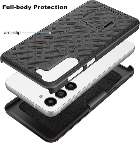 Galaxy S23 Case with Kickstand & Belt Clip Holster, Heavy Duty Shockproof Armor Protective Rugged Woven Pattern Hard Plastic Phone Cover for Samsung Galaxy S23 6.1" 2023, Black in Saudi Arabia