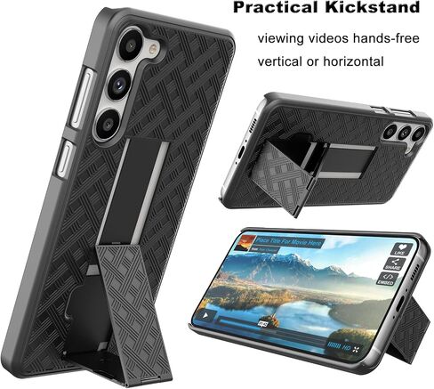 Galaxy S23 Case with Kickstand & Belt Clip Holster, Heavy Duty Shockproof Armor Protective Rugged Woven Pattern Hard Plastic Phone Cover for Samsung Galaxy S23 6.1" 2023, Black in Saudi Arabia