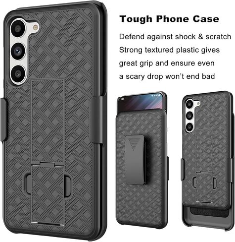 Galaxy S23 Case with Kickstand & Belt Clip Holster, Heavy Duty Shockproof Armor Protective Rugged Woven Pattern Hard Plastic Phone Cover for Samsung Galaxy S23 6.1" 2023, Black in Saudi Arabia