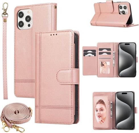 Compatible with iPhone 15 Pro 6.1 inch Wallet Case Wrist Strap, Crossbody Strap, Mirror Flip Card Holder Stand Cell Phone Cover for iPhone15Pro 5G i i-Phone i15 iPhone15 15Pro Women Rose Gold in Kuwait