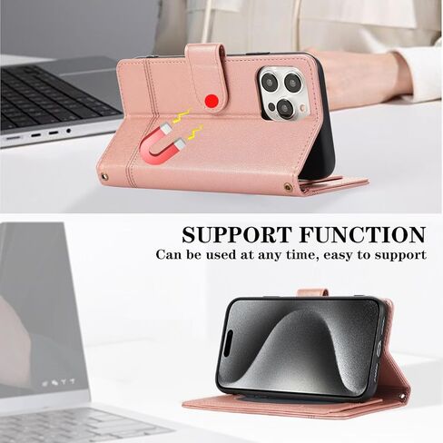 Compatible with iPhone 15 Pro 6.1 inch Wallet Case Wrist Strap, Crossbody Strap, Mirror Flip Card Holder Stand Cell Phone Cover for iPhone15Pro 5G i i-Phone i15 iPhone15 15Pro Women Rose Gold in Kuwait