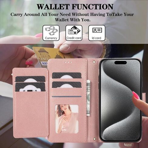 Compatible with iPhone 15 Pro 6.1 inch Wallet Case Wrist Strap, Crossbody Strap, Mirror Flip Card Holder Stand Cell Phone Cover for iPhone15Pro 5G i i-Phone i15 iPhone15 15Pro Women Rose Gold in Kuwait