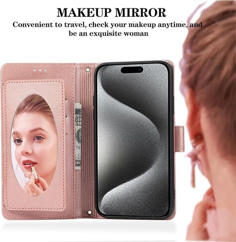 Compatible with iPhone 15 Pro 6.1 inch Wallet Case Wrist Strap, Crossbody Strap, Mirror Flip Card Holder Stand Cell Phone Cover for iPhone15Pro 5G i i-Phone i15 iPhone15 15Pro Women Rose Gold in Kuwait