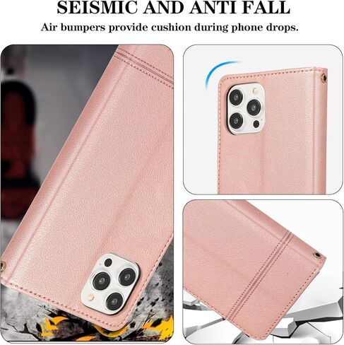 Compatible with iPhone 15 Pro 6.1 inch Wallet Case Wrist Strap, Crossbody Strap, Mirror Flip Card Holder Stand Cell Phone Cover for iPhone15Pro 5G i i-Phone i15 iPhone15 15Pro Women Rose Gold in Kuwait
