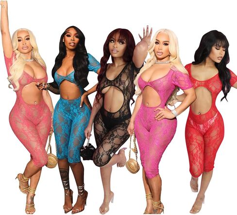Adogirl ثوب فضفاض مثير بقماش شفاف للنساء Y2K دانتيل Bodycon مقصوص بأكمام قصيرة شفاف من خلال حللا ملابس الحفلات والنوادي in Kuwait