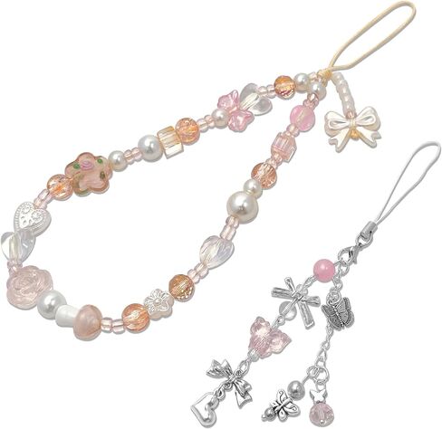 2 Pack Phone Charms, Cute Aesthetic Beaded Phone Charm Strap Phone Lanyard String Phone Chain Accessories for Phone Bag Keychain Airpods Camera Pendants in Kuwait