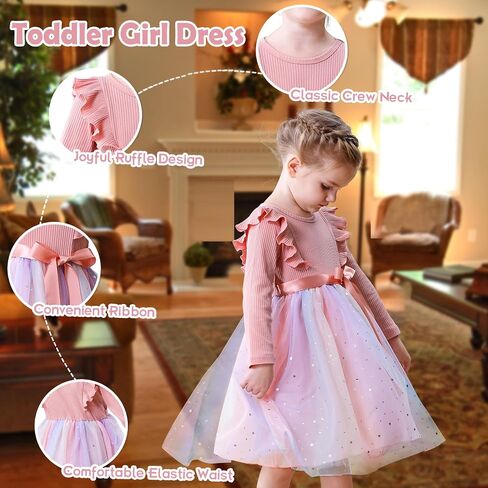 Toddler Girls Dresses Tulle Toddler Dress Long Sleeve Ruffle Baby Fall Winter Dresses for Girls Fashion Casual Dress in Kuwait