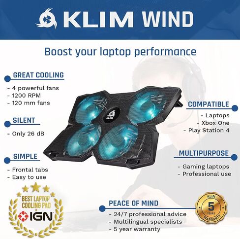 KLIM Wind Laptop Cooling Pad - More Than 500 000 Units Sold - New Version - The Most Powerful Rapid Action Cooling Fan - Laptop Stand with 4 Cooling Fans at 1200 RPM - USB Fan - PS5 PS4 - RGB in Kuwait