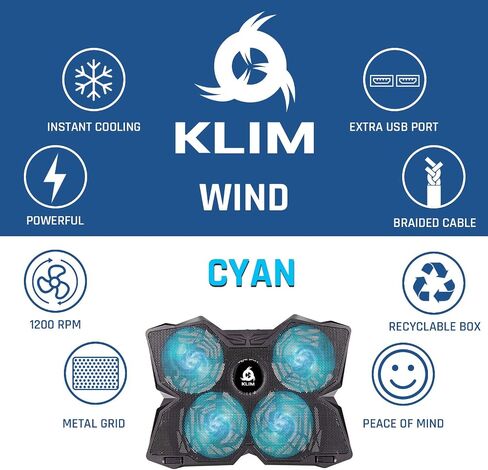 KLIM Wind Laptop Cooling Pad - More Than 500 000 Units Sold - New Version - The Most Powerful Rapid Action Cooling Fan - Laptop Stand with 4 Cooling Fans at 1200 RPM - USB Fan - PS5 PS4 - RGB in Kuwait