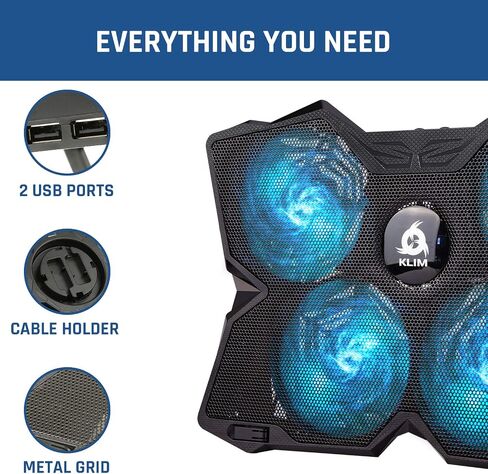 KLIM Wind Laptop Cooling Pad - More Than 500 000 Units Sold - New Version - The Most Powerful Rapid Action Cooling Fan - Laptop Stand with 4 Cooling Fans at 1200 RPM - USB Fan - PS5 PS4 - RGB in Kuwait