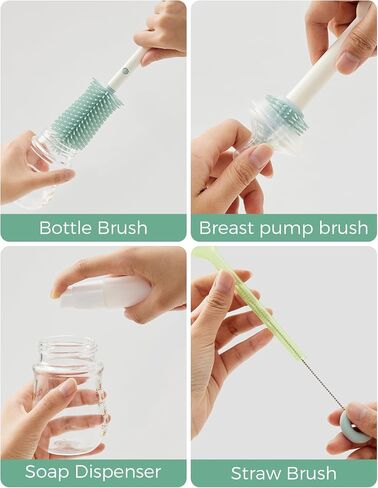 Momcozy Bottle Brush Set - Baby Bottle Cleaner Kit with Silicone Brush, Nipple Brush, Straw Brush, Soap Dispenser, Drying Rack - 7 in 1 Bottle Cleaning Tool for Home and Travel, Pink in Saudi Arabia
