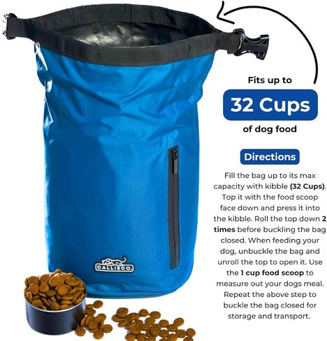 Dog Food Travel Bag w/ 1 Cup Scoop and Zipper Side Pocket | Waterproof Kibble Storage Container for Home, Road Trips, Camping, Boarding and More (Blue, 32 Cups) in Kuwait
