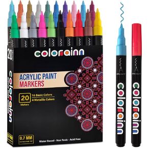 20 Colors Acrylic Paint Pens - Extra Fine Tip Markers - Unique Set (Including 4 Metallic) - Ideal for Rock, Stone, Peg Dolls, Glass, Ceramic, Metal, Canvas, Wood & More..