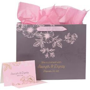 Christian Art Gifts Decorative Large Faith-based Landscape Gift Bag w/Scripture & Card & Tissue Paper Set for Women - Strength & Dignity - Proverbs 31:25 Inspirational Bible Verse, Gray & Pink Floral