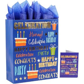 Jaywayang 12.6" Large Happy Birthday Gift Bag with Card and Tissue Paper (Black)
