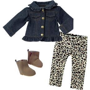 Sophia's Ruffle Denim Jean Jacket, Animal Print Leggings, and Brown Suede Ankle Boots with Zipper Outfit 3 Piece Set for 18" Dolls, Brown