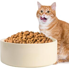 Ceramic Cat Bowl, Elevated Ceramic Cat Food and Water Bowl for Indoor Cats, Heavy Ceramic Raised Cat Bowl, Ceramic Cat Bowl with Wooden Stand, 5.1 Inches, Beige