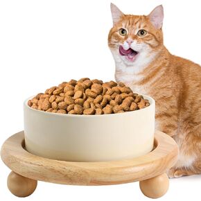 Ceramic Cat Bowl, Elevated Ceramic Cat Food and Water Bowl for Indoor Cats, Heavy Ceramic Raised Cat Bowl, Ceramic Cat Bowl with Wooden Stand, 5.1 Inches, Beige