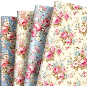 AnyDesign 12 Sheets Floral Wrapping Paper Vintage Flower Pink Roses Gift Wrap 4 Designs Retro Craft Art Paper Bulk Folded Flat for Valentine’s Day Party DIY Wrapping Supplies, 19.7 x 27.6 Inch