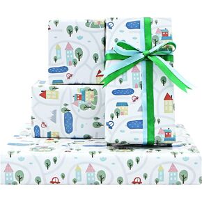 Village Town Neighborhood City Homes Welcome Wrapping Paper Set of 4 Sheets with Matched Ribbon Gift Wrap For Friends Families Boys Girls Kids Holiday, Parties, Birthday, Christmas, Baby Shower- (30"x20" Per Sheet, 4-Sheets, 1-Designs: 15 sq. ft. ttl)