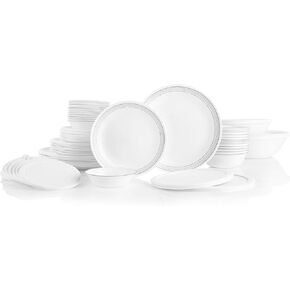 Corelle Vitrelle 78-Piece Service for 12 Dinnerware Set, Triple Layer Glass and Chip Resistant, Lightweight Round Plates and Bowls Set, Mystic Gray