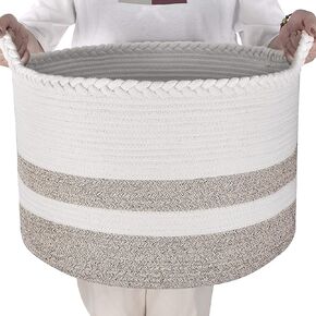 سلة تخزين كبيرة منسوجة لبطانيات غرفة المعيشة أو ألعاب الأطفال أو ملابس الغسيل أو مناشف الحمام - سلال من الحبال القطنية بمقابض مضفرة - صناديق تنظيم المنزل - مستديرة كبيرة جدًا مقاس 20 بوصة عمق × 13 بوصة ارتفاع in Kuwait