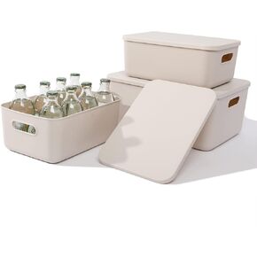 Yishyfier Plastic Storage Baskets With Lid Organizing Container Lidded Knit Storage Organizer Bins for Shelves Drawers Desktop Closet Playroom Classroom Office (4M+2S, Light grey)