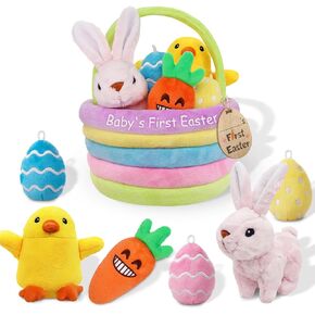 Ivenf Baby's First Easter Basket Playset, 7ct Stuffed Plush Bunny Chick Carrot Egg for Girls Boys, Easter Theme Party Favors Stuffers Gifts, Easter Decorations Supplies