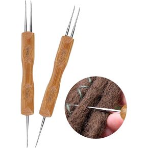 2Pcs Dreadlocks Crochet Hooks, BENBO Double End Crochet Hook for Dreads Dreadlock Hair Needle Tool Bamboo Handle Weaving Crochet Hair Locking Tool for Braid Craft (0.75mm and 0.5mm)
