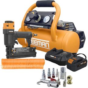 Freeman PE1GCCK 20V Cordless 1 Gallon Air Compressor with 3-in-1 Pneumatic Finish Nailer/Stapler, Battery, Charger, Air Hose, Inflation Accessory Kit and Fasteners (600 Count) – 700 Shots per Charge