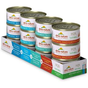 Almo Nature HQS Natural Wet Cat Food Variety Pack 2.47 oz (Pack of 12): (3) Chicken Breast, (3) Tuna and Cheese, (3) Chicken with Pumpkin, (3) Atlantic Tuna