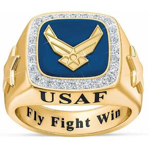 18K Yellow Gold Plated Antiqued United States Air Force Ring Engraved with Fly Fight Win Mens Fashion Eternity Engagement Wedding Band Ring ST.219