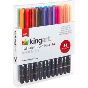 KINGART PRO Dual Twin-Tip Brush Pens, Set of 24 Unique & Vivid Colors, Watercolor Markers with Flexible Nylon Brush Tips, Professional Watercolor Pens for Painting, Drawing