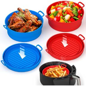 2 Pack Air Fryer Silicone Liners Pot - Reusable Air Fryer Silicone Basket Bowl for 3 to 5 qt - Airfryer Silicone Liner Replacement - Red & Blue