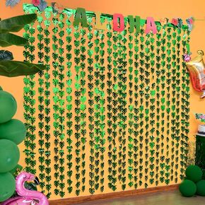 Tropical Party Decorations 2Pack Green Tropical Palm Leaves Photo Booth Props,3.3x6.6ft Jungle Leaf Foil Fringe Curtains,Photo Backdrop for Dinosaur Birthday Party Decoration Hawaiian Themed