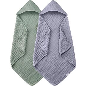2 Pack Hooded Baby Towels - 100% Muslin Cotton for Newborns, Infants, Toddlers - Large 32x32Inch Size - Highly Absorbent and Essential for Newborn Care, Green and Grey