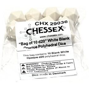 Opaque 16mm Polyhedral White Bag of 10 Blank d20 by Chessex Dice