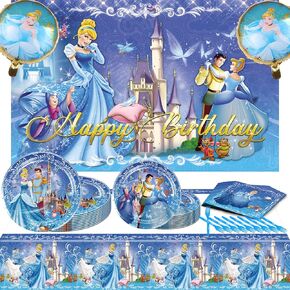 Cinderella Party Decorations, Include Cinderella Theme Party Backdrop 5 x 3 FT, Aluminum Film Balloon, Tablecloth, Dessert Plates, Napkins, Tableware, for Cinderella Birthday Party in Kuwait