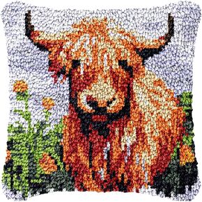 Latch Hook Kits Pillow Brown Highland Cow Cattle Cover Printed Canvas DIY Cushion Crochet Yarn Needlework Hook Latch Kit Embroidery Pillowcase Rug Home Sofa Christmas Decoration 43x43cm(2)