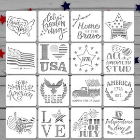 16 Pieces Happy 4th of July Stencil Independence Day Painting Template Reusable Patriotic Drawing Stencils Include American Flag Map Star Patterns Farmhouse Stencil for Painting on Wood Paper Wall