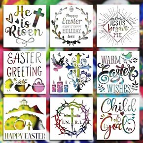 9 Pieces Easter Painting Stencils - Easter Spring Blessing Words with Reusable Painting Stencil for Painting on Wood Plastic Drawing Template for Art Spraying DIY Mould Wall Art Decoration 8x8 Inches