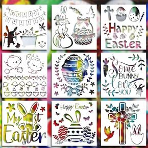 9 Pieces Easter Painting Stencils - Easter Spring Blessing Words with Reusable Painting Stencil for Painting on Wood Plastic Drawing Template for Art Spraying DIY Mould Wall Art Decoration 8x8 Inches
