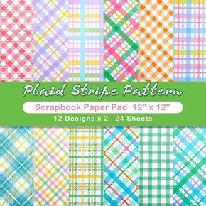 12x12" Plaid Patterned Scrapbook Paper, 24 Sheets Spring Buffalo Plaid Cardstock Double-Sided Easter Decorative Craft Papers for Card Making DIY Photo Album Journaling Holiday Decor