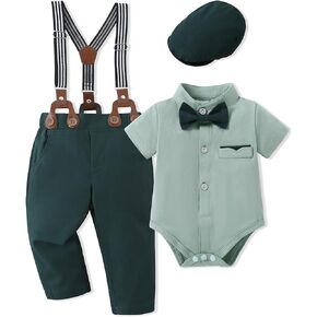 SOLOYEE Baby Boy Clothes Suits 3-18M Infant Gentleman Outfits, Short Sleeve Shirt+Bowtie+Beret+Suspender Pants Clothing Set