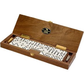 Alex Cramer Le Club' Luxury Domino Set with Handcrafted Walnut Case and Cribbage/Counter Top - Tournament Quality 28 Indestructible (Double 6 Domino Set with Brass Plate)