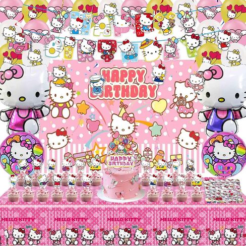 Cat Birthday Party Supplies, Kawaii Party Decorations includes Backdrop, Birthday Banner, Stickers, Tablecloth, Hanging Swirls, Balloons for Kids Kawaii Theme Party in Saudi Arabia