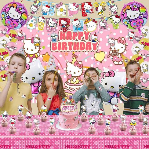 Cat Birthday Party Supplies, Kawaii Party Decorations includes Backdrop, Birthday Banner, Stickers, Tablecloth, Hanging Swirls, Balloons for Kids Kawaii Theme Party in Saudi Arabia