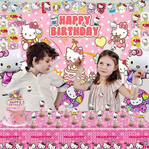 Cat Birthday Party Supplies, Kawaii Party Decorations includes Backdrop, Birthday Banner, Stickers, Tablecloth, Hanging Swirls, Balloons for Kids Kawaii Theme Party in Saudi Arabia