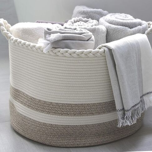 سلة تخزين كبيرة منسوجة لبطانيات غرفة المعيشة أو ألعاب الأطفال أو ملابس الغسيل أو مناشف الحمام - سلال من الحبال القطنية بمقابض مضفرة - صناديق تنظيم المنزل - مستديرة كبيرة جدًا مقاس 20 بوصة عمق × 13 بوصة ارتفاع in Kuwait