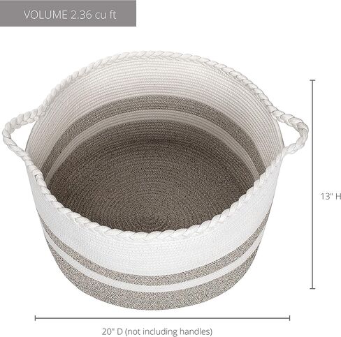 سلة تخزين كبيرة منسوجة لبطانيات غرفة المعيشة أو ألعاب الأطفال أو ملابس الغسيل أو مناشف الحمام - سلال من الحبال القطنية بمقابض مضفرة - صناديق تنظيم المنزل - مستديرة كبيرة جدًا مقاس 20 بوصة عمق × 13 بوصة ارتفاع in Kuwait